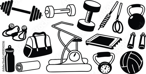 Fitness Equipment and Workout Tools Vector Icon Set