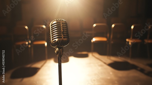 A vintage microphone sitting on a dusty stage, spotlight shining faintly, no audience, film grain realism, quiet atmosphere, cinematic lighting, empty chairs in the shadows