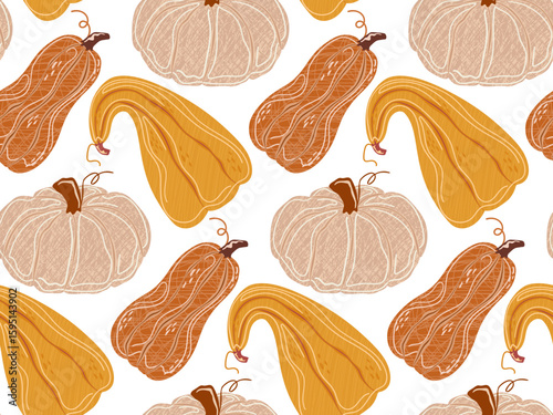 Seamless fall pattern with hand-drawn pumpkins and gourds in warm beige, orange, and yellow tones. Decorative autumn vegetable design for seasonal projects, fabric, textile, kitchen products.