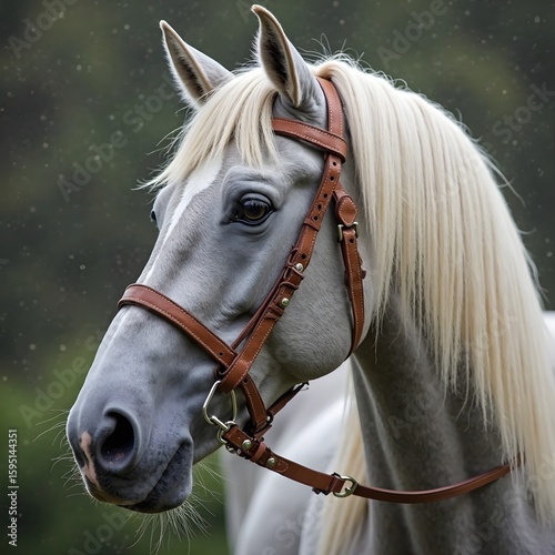 A close-up of a majestic horse with a soft, gray coat and long, flowing man