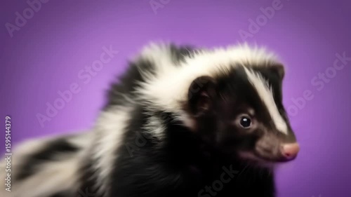 Adorable Baby Skunk Close-up, Purple Background