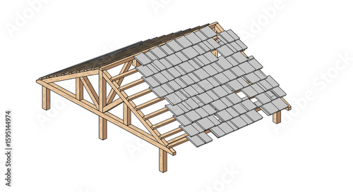 Illustrative depiction of a timber frame roof structure undergoing shingle installation on a partially completed gable roof.