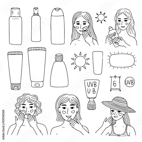 Hand drawn illustration of skincare products and women applying sunscreen beauty woman