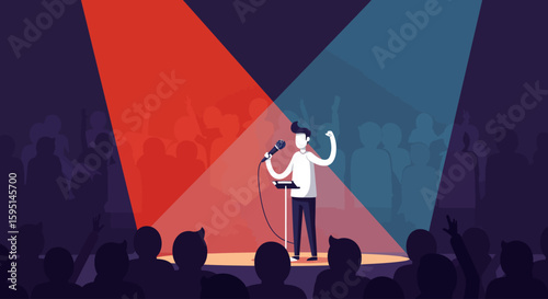 A minimalist flat design illustration of a stand-up comedian performing on stage, symbolizing the vibrant comedy scene