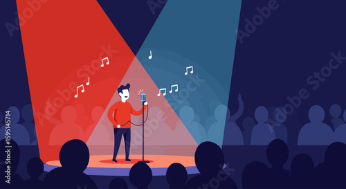A minimalist flat design illustration of a stand-up comedian performing on stage, symbolizing the vibrant comedy scene