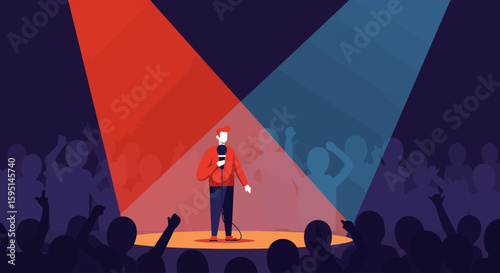 A minimalist flat design illustration of a stand-up comedian performing on stage, symbolizing the vibrant comedy scene