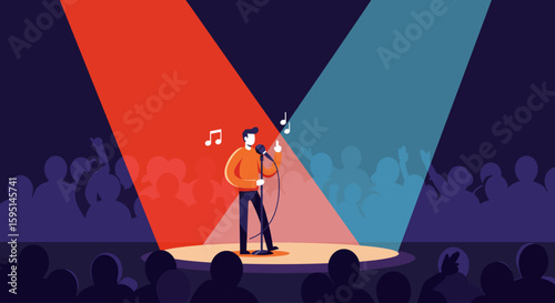 A minimalist flat design illustration of a stand-up comedian performing on stage, symbolizing the vibrant comedy scene