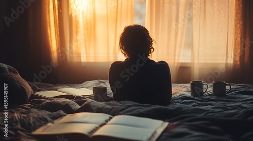 A person sitting alone on a cozy bed with warm sunset light coming through curtains, surrounded by empty coffee mugs and open notebooks, realistic cinematic style