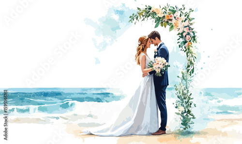 Watercolor Wedding on Beach Bride and Groom Embrace Under Floral Archway