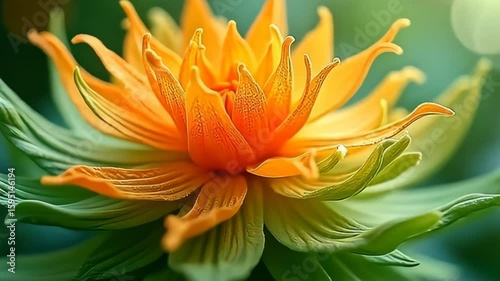 An intricate arrangement of radiant oranges and tranquil greens forms a stunning rendition of a molecule with pulsating layers like aurora curtains, its animation flowing like a gentle