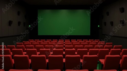 Empty Movie Theater with Red Seats and Green Screen - Cinematic Space
