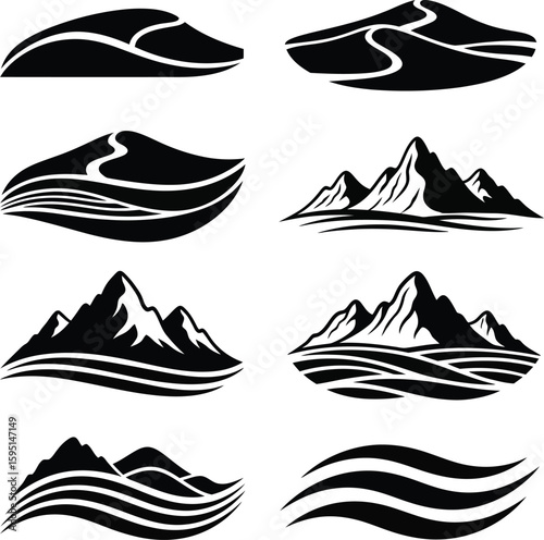 Vector art of silhouettes of mountains and sand dunes are isolated on white background
