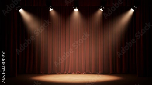 Dramatic Stage with Spotlights and Red Curtains, Empty Scene