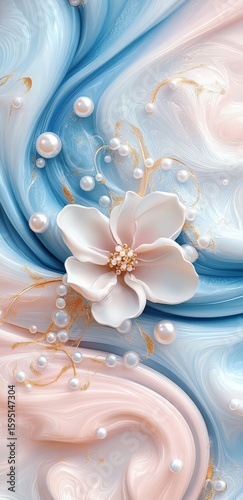 3D background design with swirling marble patterns, pastel pink and blue hues, accented by small pearls in shades of white or gold, 