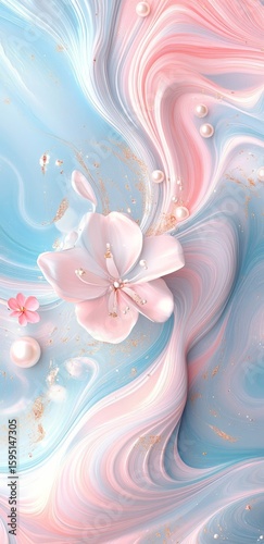 3D background design with swirling marble patterns, pastel pink and blue hues, accented by small pearls in shades of white or gold, and featuring an elegant flower motif in the center. 