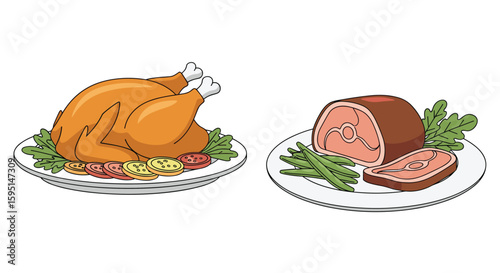 Delicious roasted turkey and savory meatloaf with fresh green beans and garnishes a feast for all occasions