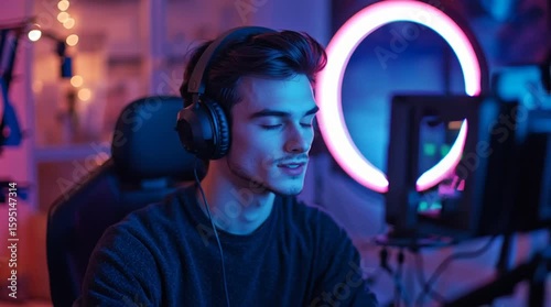 Streamer talking to camera with ring light, chat overlay, headphones, fast-paced background motion

