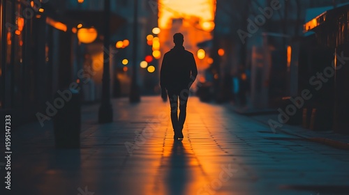 A person walking alone on a quiet street at dusk, their shadow long and the lights glowing orange, cinematic realism, film grain aesthetic