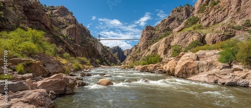 Minimalist Royal Gorge bridge over Colorado Arkansas River contrasting whitewater rapids, engineering icon for travel ads or geological force concepts.