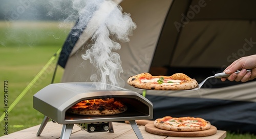 Outdoor Pizza Oven with Freshly Baked Pizza and Smoke, Camping Scene.