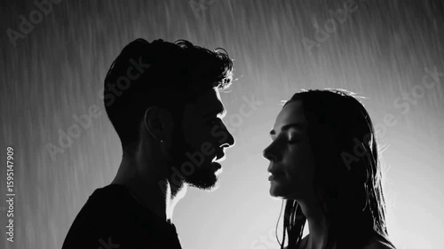 Slow motion scene of a love confession in the rain, one person speaking while the other tears up, black and white cinematic tone, loop at emotional climax