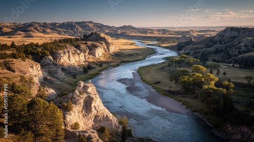 Badlands along Montana Missouri River Breaks tracing Lewis and Clark route, historical geography for education films or expedition heritage art prints.