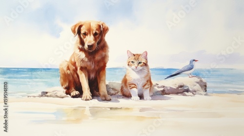 golden retriever and cat running on beach