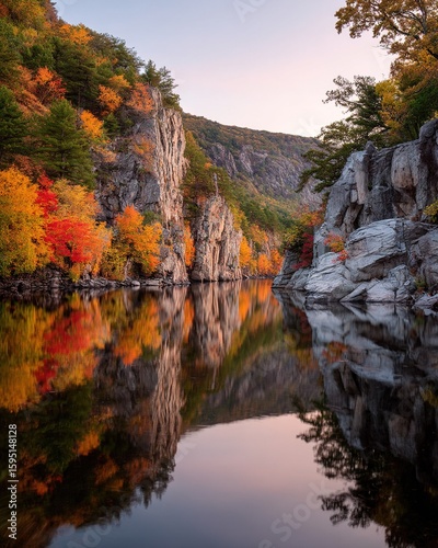 Fall foliage mirror reflection in New York Hudson River framed by Catskill Mountains, seasonal masterpiece for travel posters or autumn art collections.