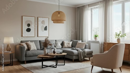 Wallpaper Mural Cozy Living Room Interior with Gray Sectional Sofa, Abstract Art, Woven Pendant Lamp, Natural Light, and Elegant Neutral Tones. Torontodigital.ca