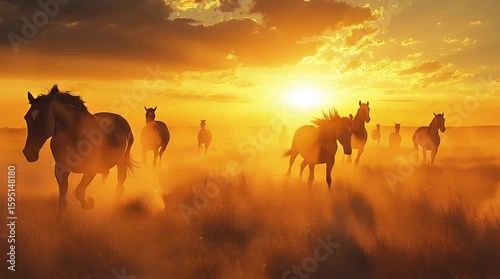 Herd of wild horses galloping across open plains at sunset, dust clouds, epic tone

