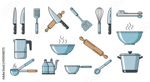 Essential cooking utensils and kitchenware collection for culinary professionals and home cooks