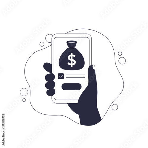 Online loan vector illustration with money bag and smart phone