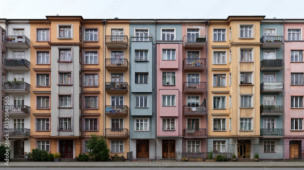 Fototapeta premium Colorful Urban Apartment Facade – Symmetrical Front View of Vintage European Residential Buildings with Balconies
