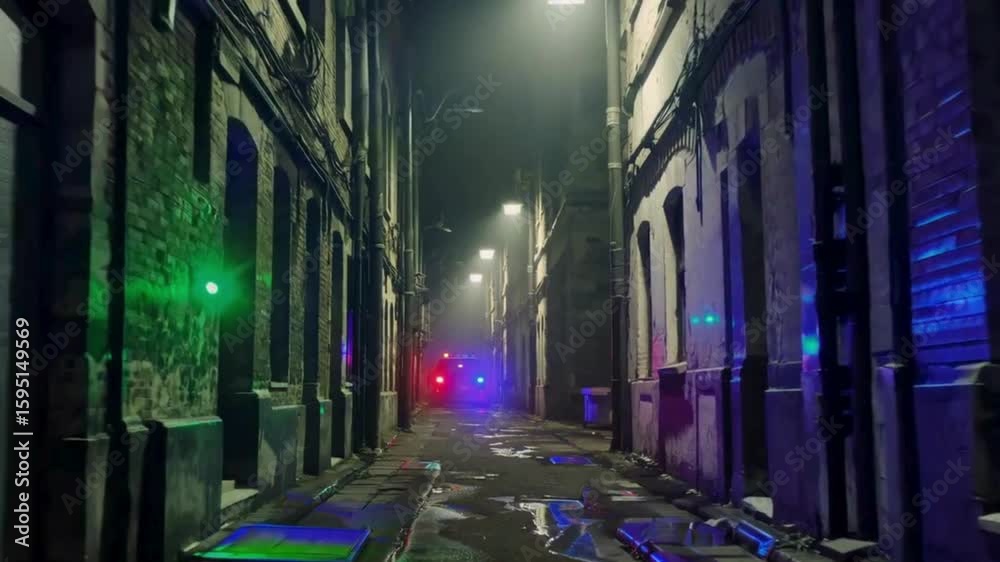 Police lights flashing against a dark alley wall, subtle flickering shadows, moody and suspenseful atmosphere