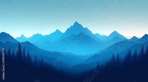 A tranquil mountain range bathed in a soft, cool blue light.