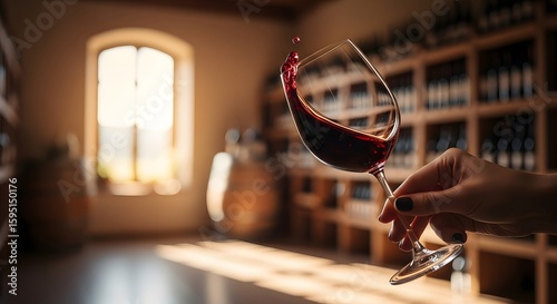 A hand holds a wine glass with splashing red wine, in a wine cellar with wooden shelves and a window.