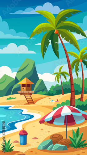 Vector art of a vibrant beach scene with palm trees, a lifeguard hut, a striped umbrella, and a refreshing drink on the sand