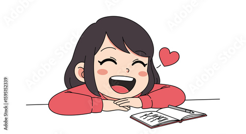 Adorable cartoon girl with beaming smile leans on table ready to write her thoughts and feelings