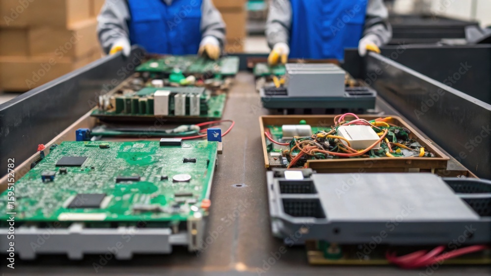 Obraz premium Two workers in blue vests assembling or inspecting electronic circuit boards on a production line in a factory setting.