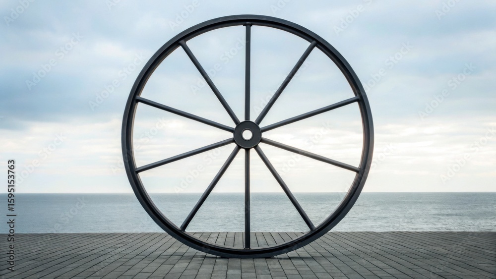 Fototapeta premium Large metal wheel sculpture stands on a paved pier overlooking a calm sea under a cloudy sky at horizon.