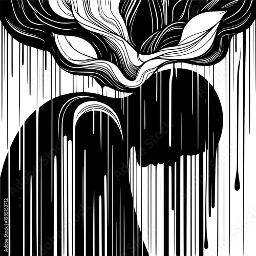 Abstract black and white vector showing sorrow and tears, with flowing downward shapes, dripping elements, and soft waves representing release of emotion