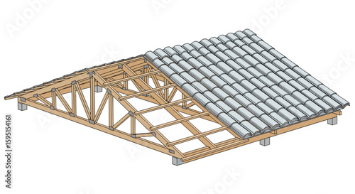 Detailed architectural render of a timber framed roof structure supporting ceramic tile covering