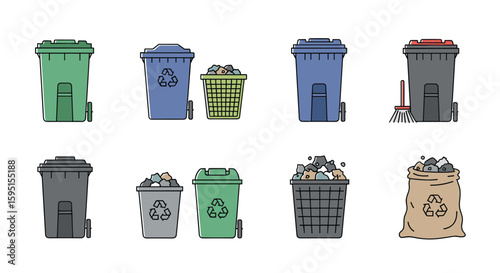 Collection of various trash bins and recycling containers for waste management and environmental protection solutions