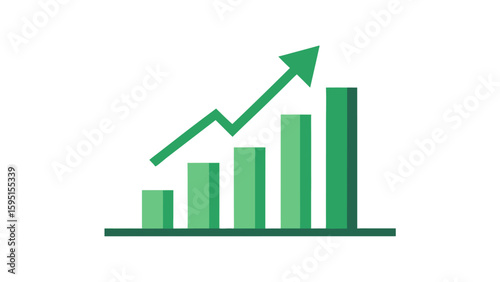 Minimalist green bar chart icon with upward arrow, growth statistics symbol, isolated on white background, flat vector style