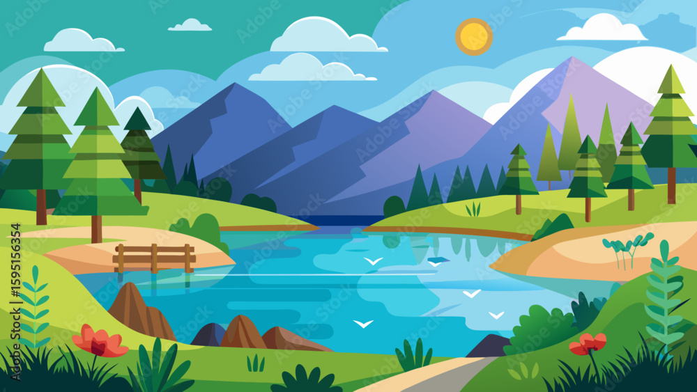 Obraz premium Vector art of a vibrant mountain lake scene with a clear blue sky, fluffy clouds, and lush green hills