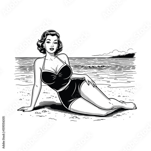 Vintage Pin-Up Girl on Beach - Retro Illustration