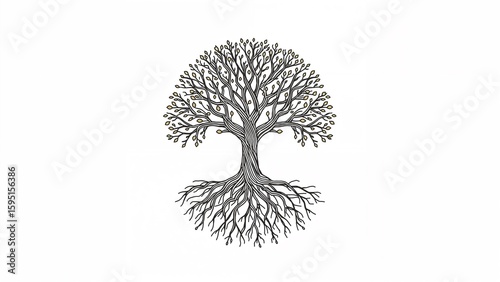 A detailed illustration of a tree with visible roots and small leaves on a white background art
