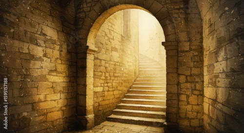 Stone Archway Leads to Sunlit Steps