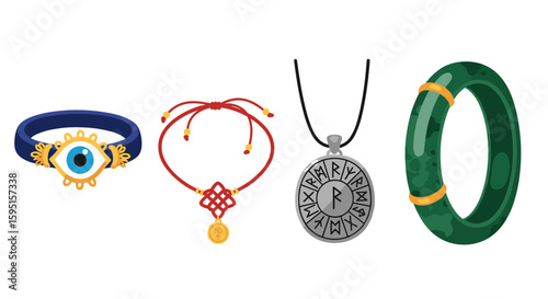 Illustration of a blue evil eye ring, red knotted necklace, rune pendant, and bangle