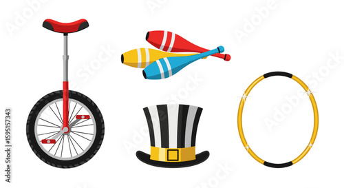 Illustration of circus equipment including unicycle juggling pins hoop and hat